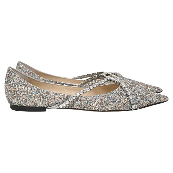 Jimmy Choo Genevi Crystal Embellished Ballet Flats in Silver Glitter - Picture 1 of 7